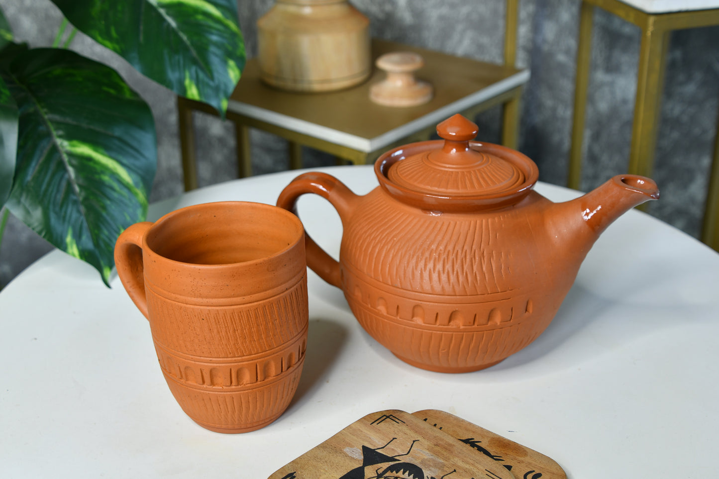 Etched Print Narrow Base Unglazed Terracotta Mug