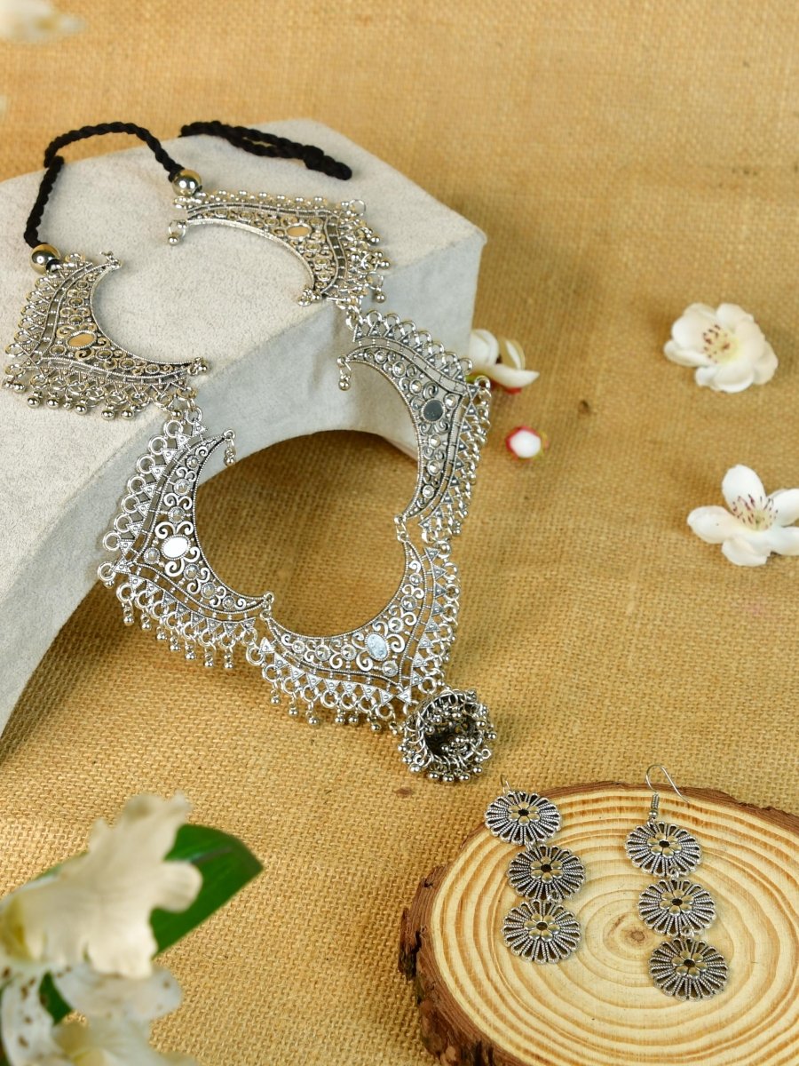 Sowpeace Handcrafted German Silver Necklace: Oxidized Floral Petal