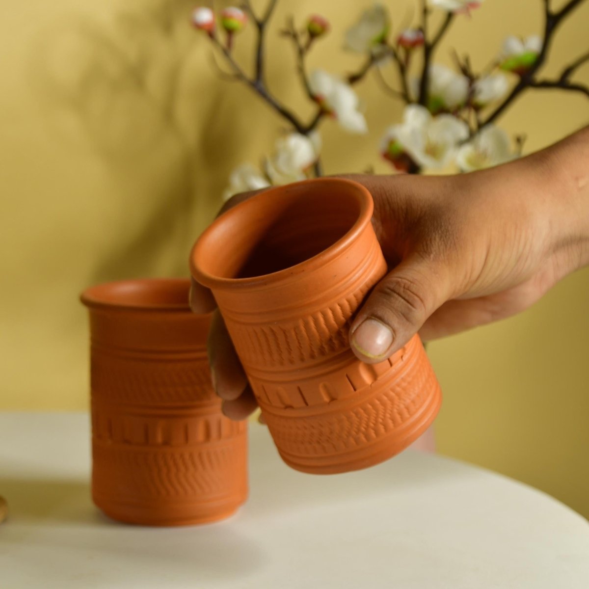 Etched Print Terracotta Glasses -Utensils-Sowpeace-Etched Print Terracotta Glasses-Terr-Uten-Terr-PWGU-Sowpeace
