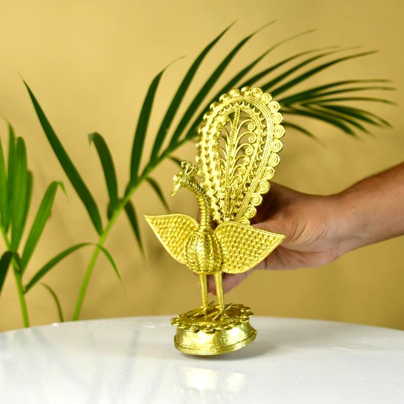 Dhokra Peacock: Artisan Brass Tabletop Elegance