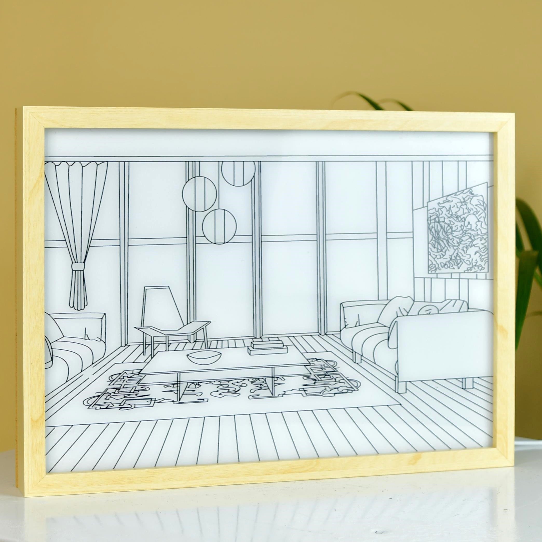 Sowpeace Illuminated Hall Room Frame – LED Landscape Photo Frame with Sofas, Carpet & Balcony for Chic Home Decor