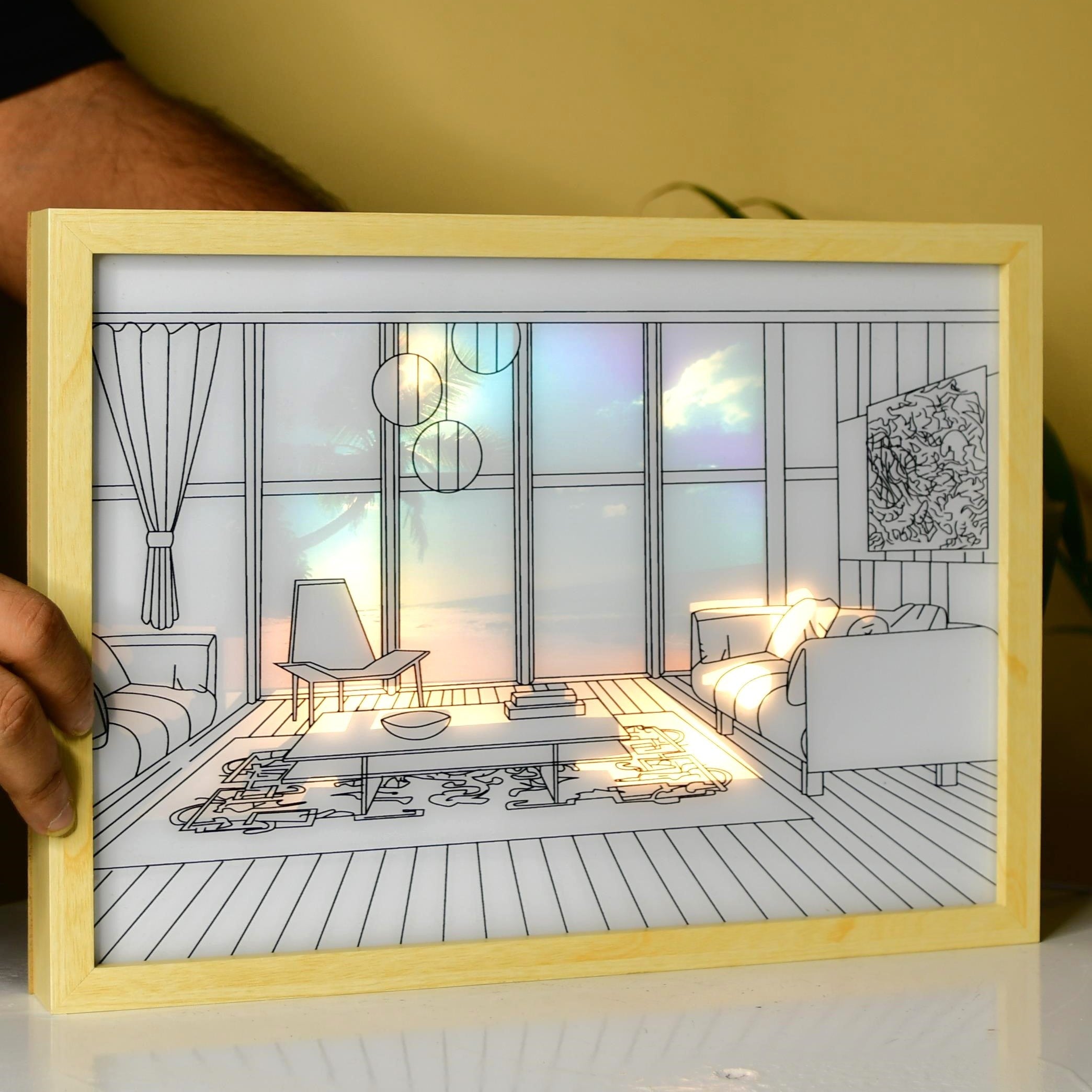 Sowpeace Illuminated Hall Room Frame – LED Landscape Photo Frame with Sofas, Carpet & Balcony for Chic Home Decor