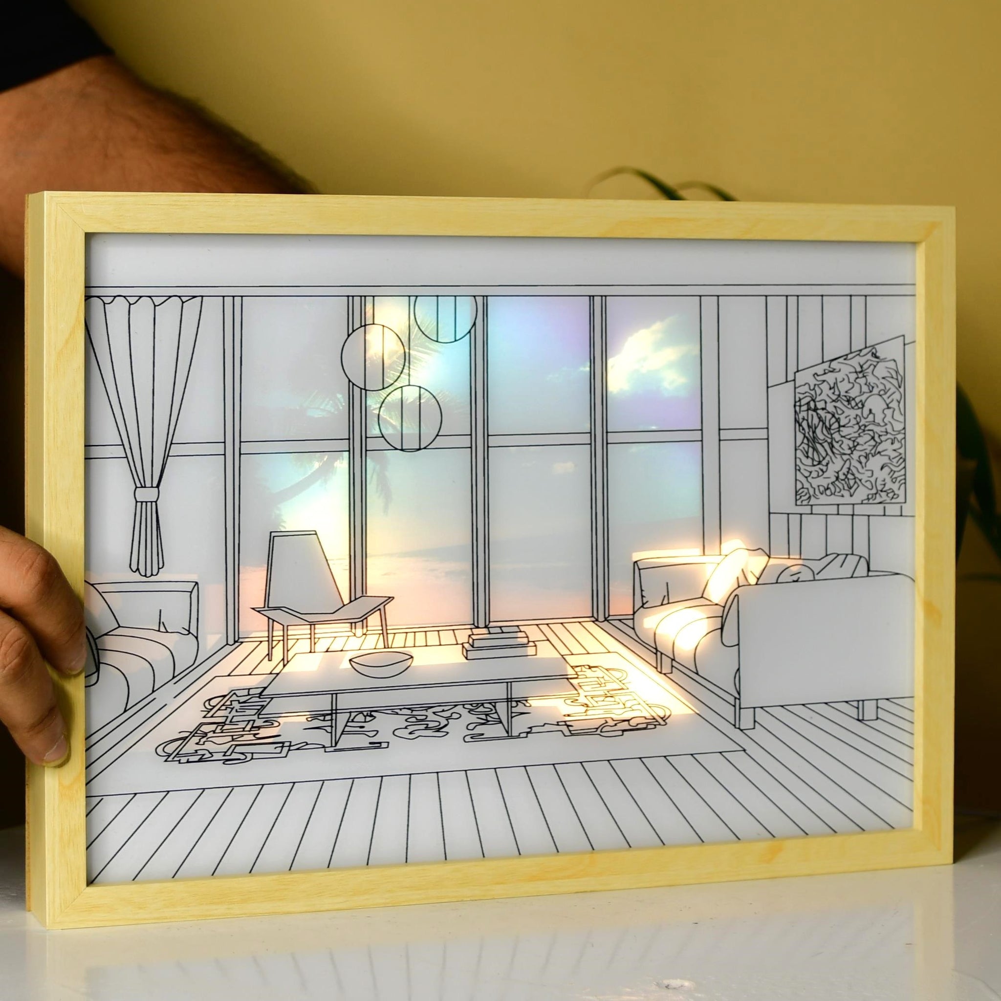 Sowpeace Illuminated Hall Room Frame – LED Landscape Photo Frame with Sofas, Carpet & Balcony for Chic Home Decor