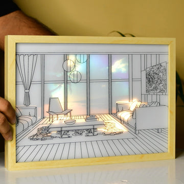 Sowpeace Illuminated Hall Room Frame – LED Landscape Photo Frame with Sofas, Carpet & Balcony for Chic Home Decor