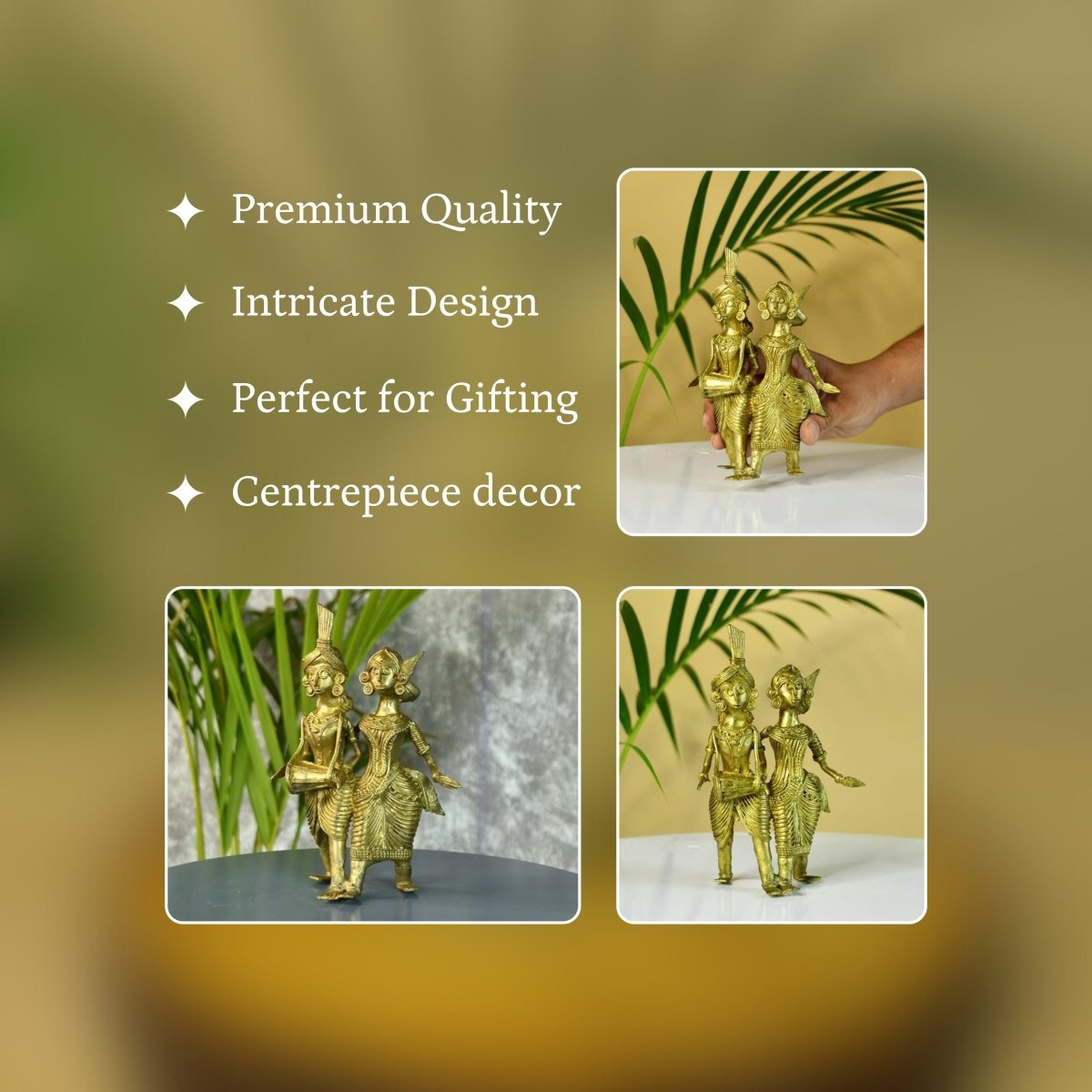 Dhokra Tribal Couple with Dhol Tabletop Decor - Dhokra - Sowpeace - Dhokra tabletop - Dokra