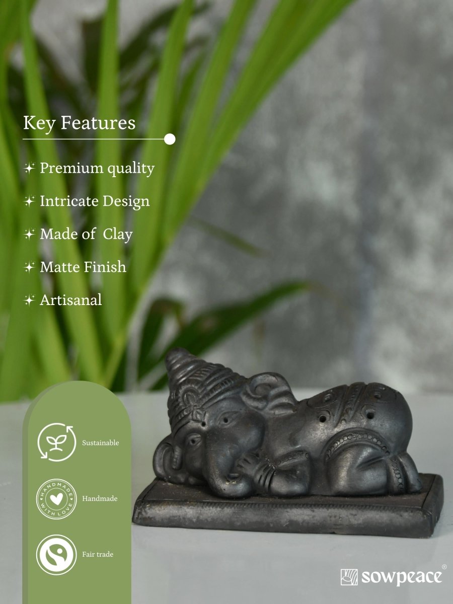 Sowpeace Black Terracotta Sleeping Ganesh: Artisan Tabletop Decor