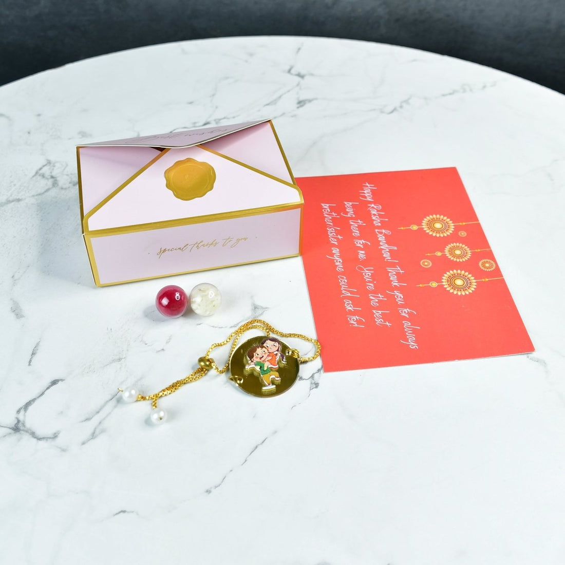 Sowpeace Exquisite Bhai Behen Rakhi Pack of 1 with Roli Chawal and Greeting card combo for Raksha Bandhan and Gifting - Sowpeace - 