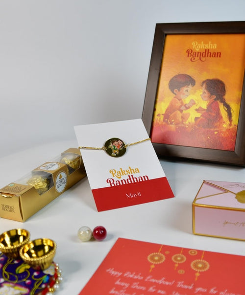 Sowpeace Exquisite Bhai Behen Rakhi Pack of 1 with Roli Chawal Thali, Chocolates, Photo Frame and Greeting card combo for Raksha Bandhan and Gifting