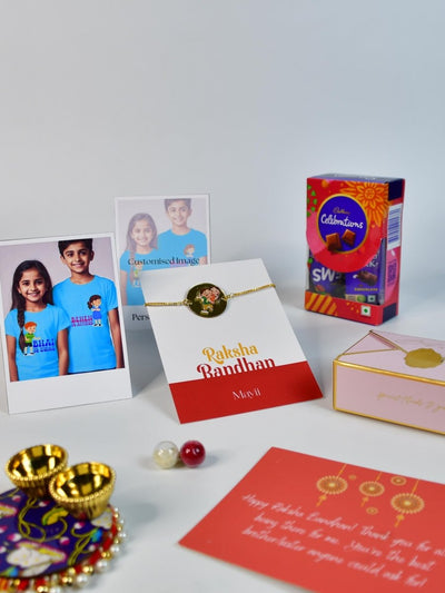 Sowpeace Exquisite Bhai Behen Rakhi Pack of 1 with Roli Chawal Thali, Chocolates, Poloroids and Greeting card combo for Raksha Bandhan and Gifting