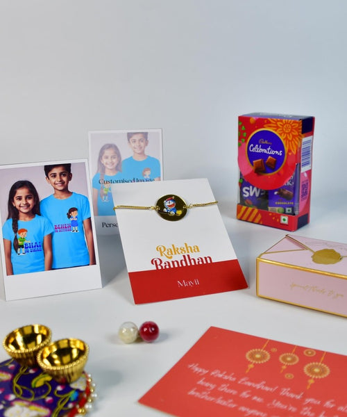 Sowpeace Exquisite Doraemon Rakhi Pack of 1 with Roli Chawal Thali, Chocolates, Poloroids and Greeting card combo for Raksha Bandhan and Gifting
