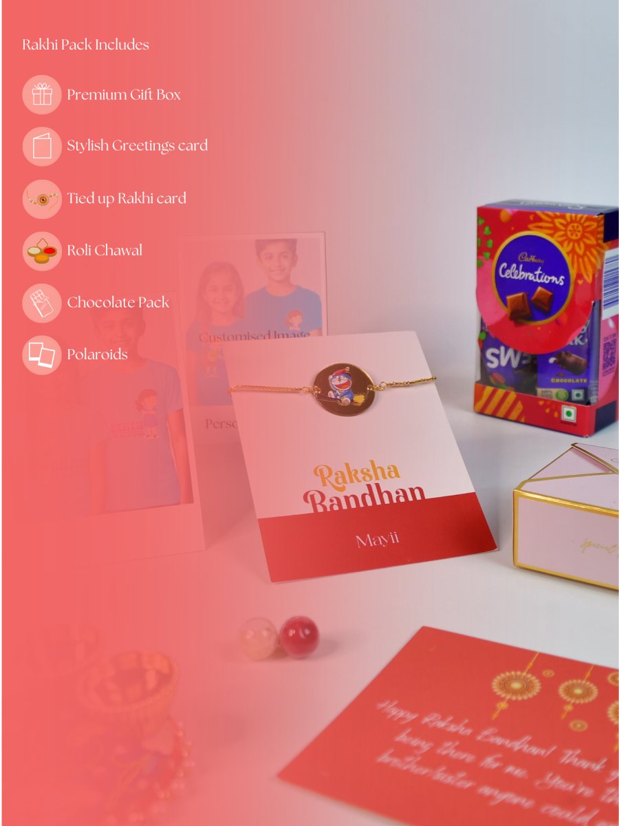 Sowpeace Exquisite Doraemon Rakhi Pack of 1 with Roli Chawal Thali, Chocolates, Poloroids and Greeting card combo for Raksha Bandhan and Gifting - Rakhi - Sowpeace - Sowpeace Exquisite Doraemon Rakhi Pack of 1 with Roli Chawal Thali, Chocolates, Poloroids and Greeting card combo for Raksha Bandhan and Gifting - RAK - DORA - HND - P5 - Sowpeace