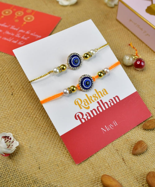 Sowpeace Exquisite Evil Eye Rakhi Pack of 1 with Roli Chawal and Greeting card combo for Raksha Bandhan and Gifting