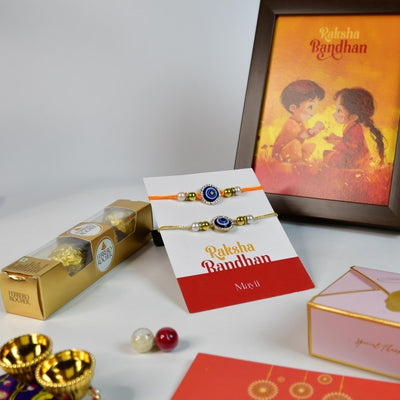 Sowpeace Exquisite Evil Eye Rakhi Pack of 1 with Roli Chawal Thali, Chocolates, Photo Frame and Greeting card combo for Raksha Bandhan and Gifting