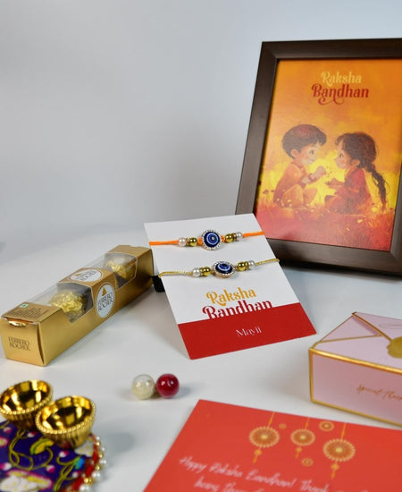 Sowpeace Exquisite Evil Eye Rakhi Pack of 1 with Roli Chawal Thali, Chocolates, Photo Frame and Greeting card combo for Raksha Bandhan and Gifting