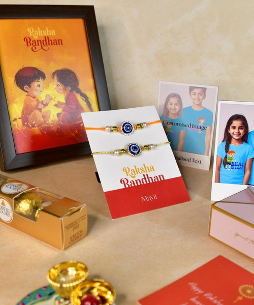 Sowpeace Exquisite Evil Eye Rakhi Pack of 1 with Roli Chawal Thali, Chocolates, Photo Frame, Poloroids and Greeting card combo for Raksha Bandhan and Gifting