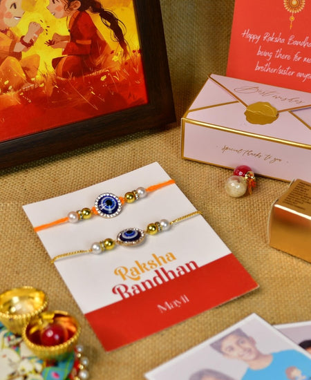 Sowpeace Exquisite Evil Eye Rakhi Pack of 1 with Roli Chawal Thali, Chocolates, Photo Frame, Poloroids and Greeting card combo for Raksha Bandhan and Gifting