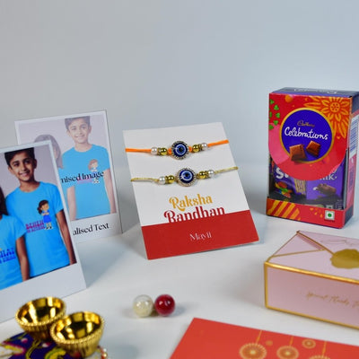 Sowpeace Exquisite Evil Eye Rakhi Pack of 1 with Roli Chawal Thali, Chocolates, Poloroids and Greeting card combo for Raksha Bandhan and Gifting