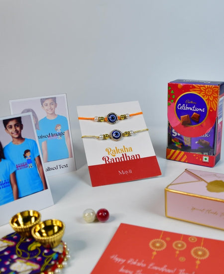 Sowpeace Exquisite Evil Eye Rakhi Pack of 1 with Roli Chawal Thali, Chocolates, Poloroids and Greeting card combo for Raksha Bandhan and Gifting