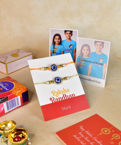 Sowpeace Exquisite Evil Eye Rakhi Pack of 1 with Roli Chawal Thali, Chocolates, Poloroids and Greeting card combo for Raksha Bandhan and Gifting
