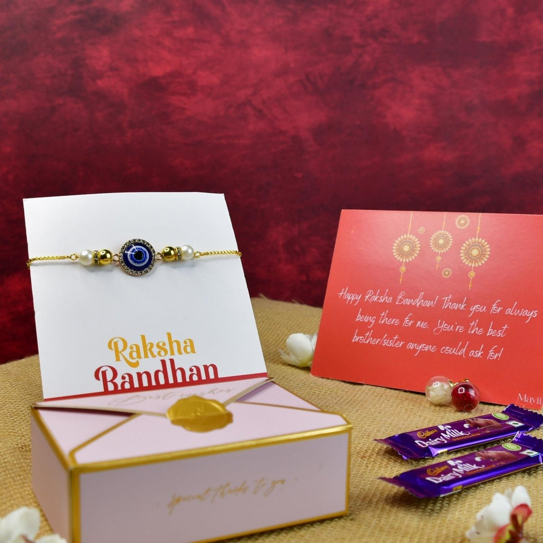 Sowpeace Exquisite Evil Eye Rakhi Pack of 2 with Roli Chawal and Greeting card combo for Raksha Bandhan and Gifting - Sowpeace - 