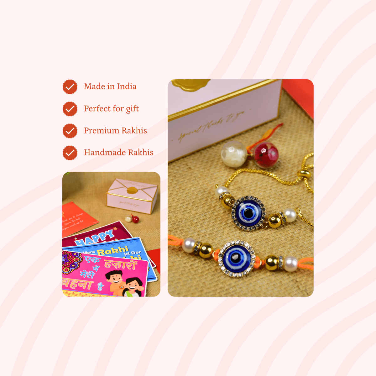 Sowpeace Exquisite Evil Eye Rakhi Pack of 2 with Roli Chawal and Greeting card combo for Raksha Bandhan and Gifting - Sowpeace - 