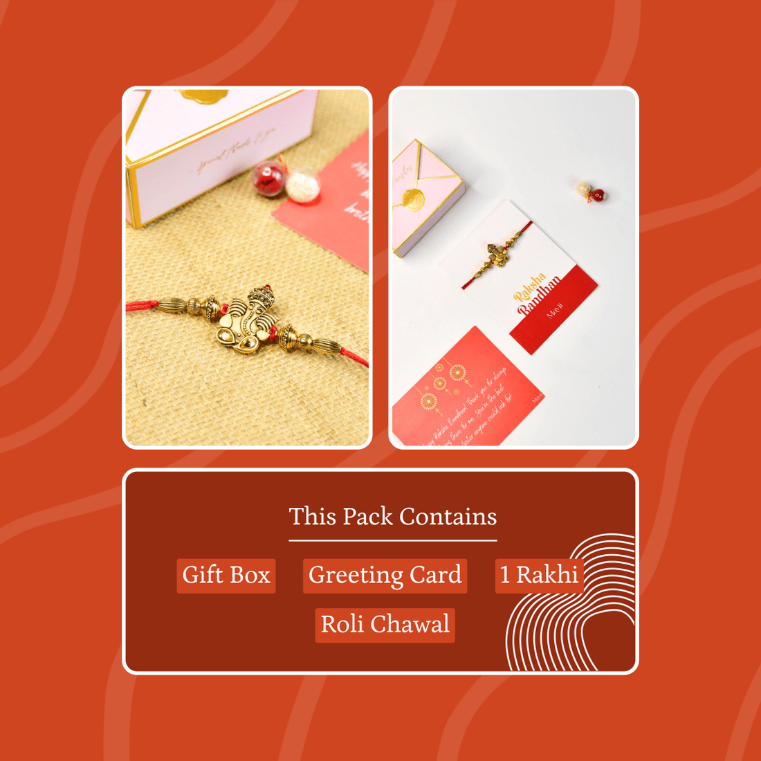 Sowpeace Exquisite Golden Ganesha Rakhi Pack of 1 with Roli Chawal and Greeting card combo for Raksha Bandhan and Gifting - Sowpeace - 