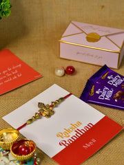 Sowpeace Exquisite Golden Ganesha Rakhi Pack of 1 with Roli Chawal Thali, Chocolates, and Greeting card combo for Raksha Bandhan and Gifting - Additional View
