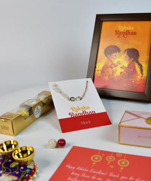 Sowpeace Exquisite Infinite Rakhi Pack of 1 with Roli Chawal Thali, Chocolates, Photo Frame and Greeting card combo for Raksha Bandhan and Gifting