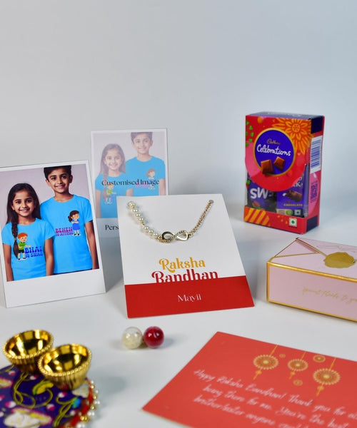 Sowpeace Exquisite Infinite Rakhi Pack of 1 with Roli Chawal Thali, Chocolates, Poloroids and Greeting card combo for Raksha Bandhan and Gifting