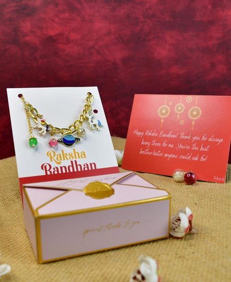 Sowpeace Exquisite Metal Abstract Rakhi Pack of 1 with Roli Chawal and Greeting card combo for Raksha Bandhan and Gifting