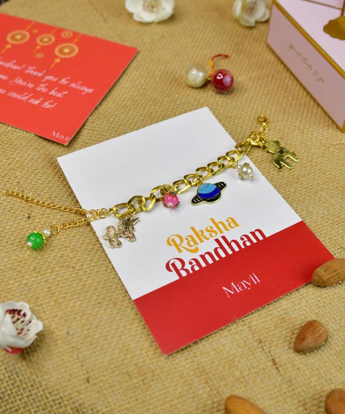 Sowpeace Exquisite Metal Abstract Rakhi Pack of 1 with Roli Chawal and Greeting card combo for Raksha Bandhan and Gifting