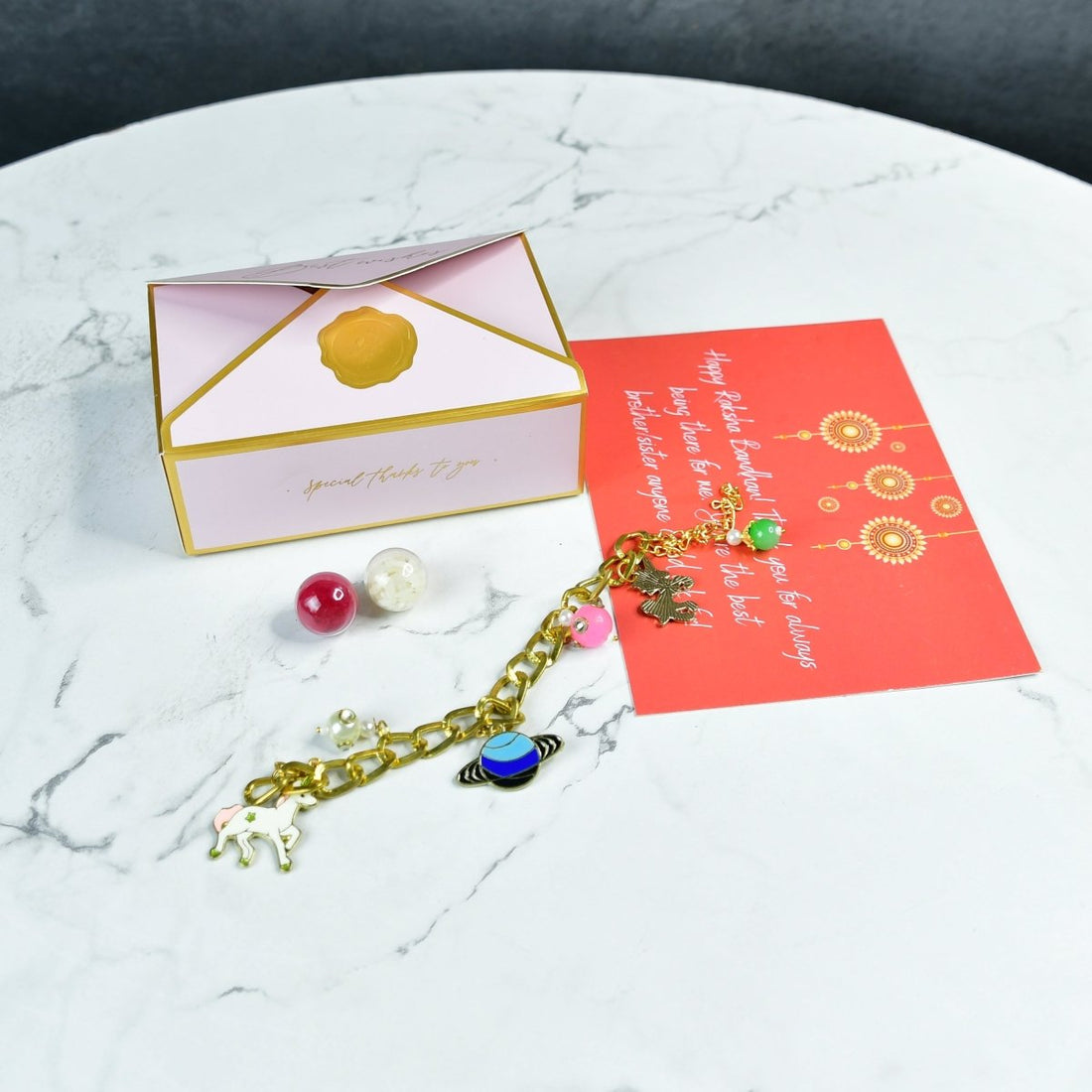 Sowpeace Exquisite Metal Abstract Rakhi Pack of 1 with Roli Chawal and Greeting card combo for Raksha Bandhan and Gifting - Sowpeace - 