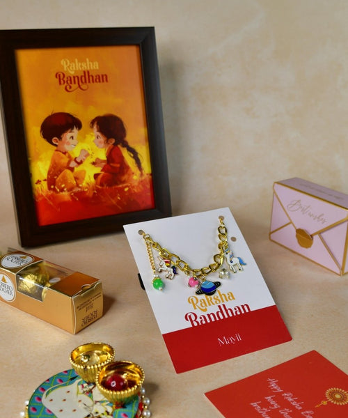 Sowpeace Exquisite Metal Abstract Rakhi Pack of 1 with Roli Chawal Thali, Chocolates, Photo Frame and Greeting card combo for Raksha Bandhan and Gifting