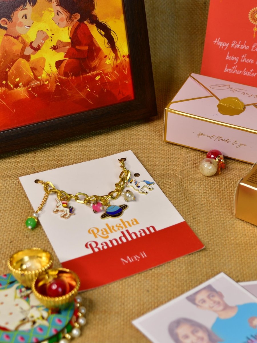 Sowpeace Exquisite Metal Abstract Rakhi Pack of 1 with Roli Chawal Thali, Chocolates, Photo Frame, Poloroids and Greeting card combo for Raksha Bandhan and Gifting - Rakhi - Sowpeace - Default Title - RAK - GLX - HND - P7 - Sowpeace