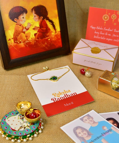 Sowpeace Exquisite Peacock Rakhi Pack of 1 with Roli Chawal Thali, Chocolates, Photo Frame, Poloroids and Greeting card combo for Raksha Bandhan and Gifting