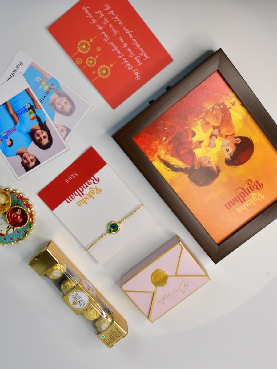 Sowpeace Exquisite Peacock Rakhi Pack of 1 with Roli Chawal Thali, Chocolates, Photo Frame, Poloroids and Greeting card combo for Raksha Bandhan and Gifting - Rakhi - Sowpeace - Default Title - RAK - CIRPK - HND - P7 - Sowpeace