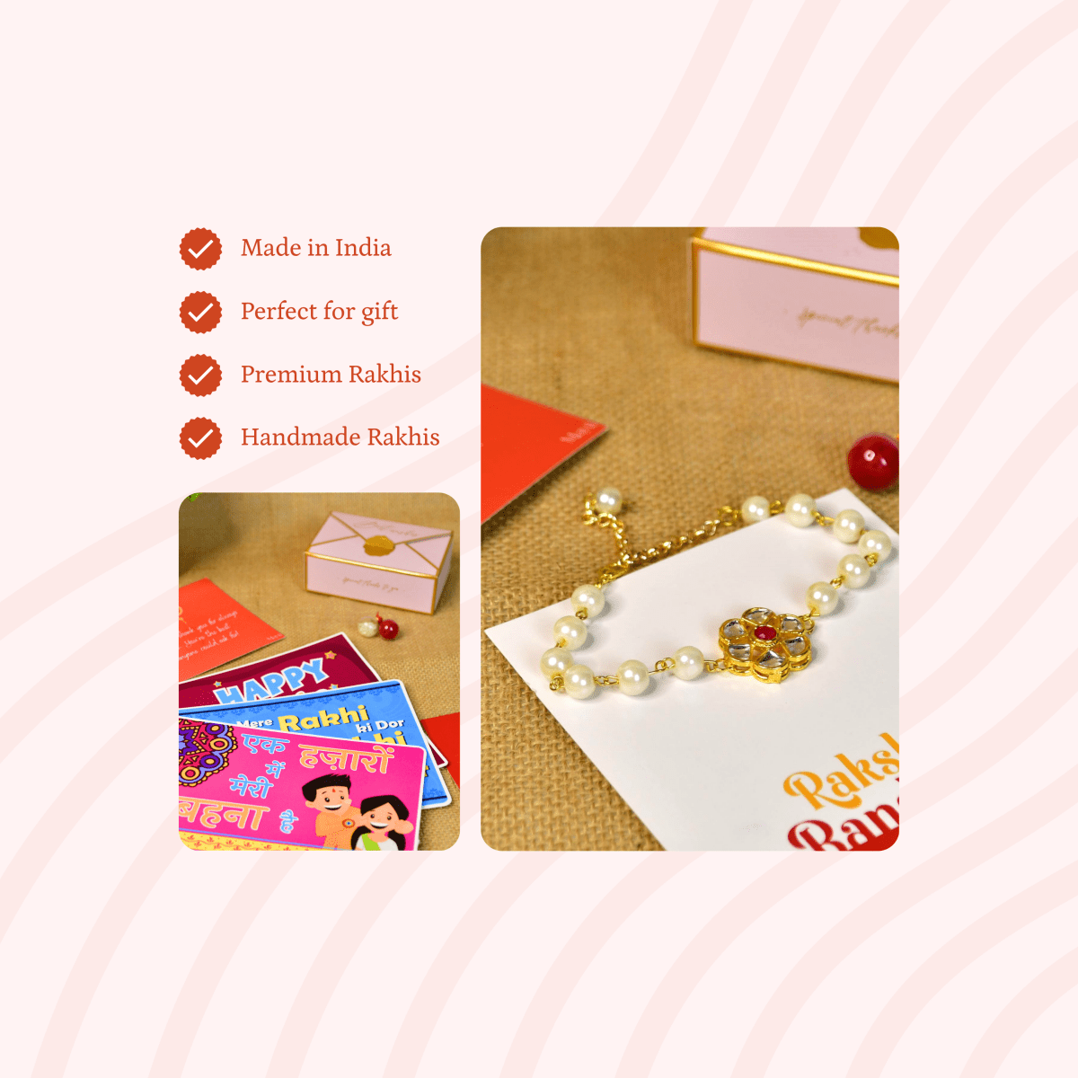 Sowpeace Exquisite Pearl Rakhi Pack of 1 with Roli Chawal and Greeting card combo for Raksha Bandhan and Gifting - Sowpeace - 