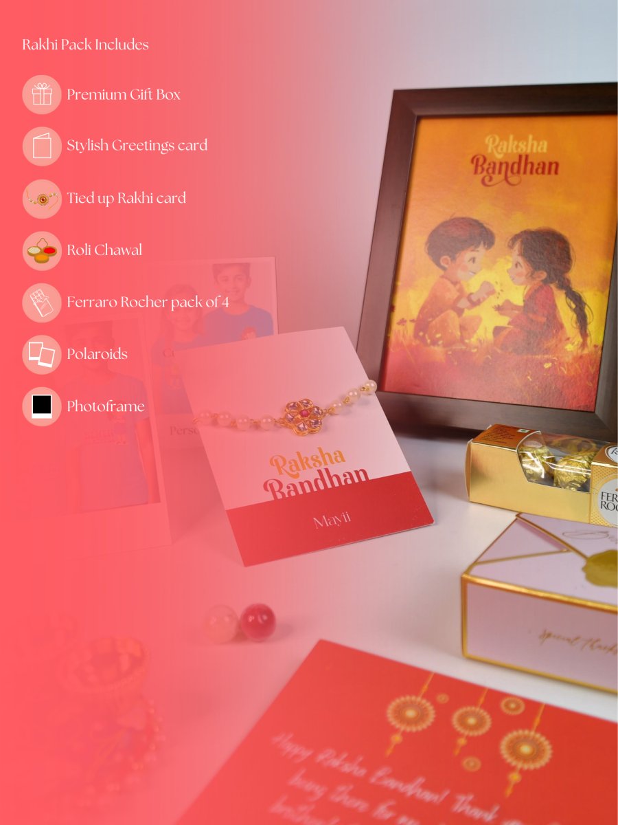 Sowpeace Exquisite Pearl Rakhi Pack of 1 with Roli Chawal Thali, Chocolates, Photo Frame, Poloroids and Greeting card combo for Raksha Bandhan and Gifting - Rakhi - Sowpeace - Sowpeace Exquisite Pearl Rakhi Pack of 1 with Roli Chawal Thali, Chocolates, Photo Frame, Poloroids and Greeting card combo for Raksha Bandhan and Gifting - RAK - PRL - HND - P7 - Sowpeace