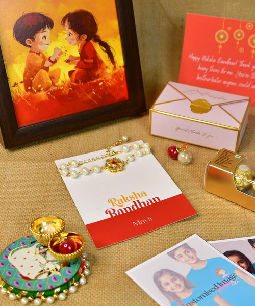Sowpeace Exquisite Pearl Rakhi Pack of 1 with Roli Chawal Thali, Chocolates, Photo Frame, Poloroids and Greeting card combo for Raksha Bandhan and Gifting