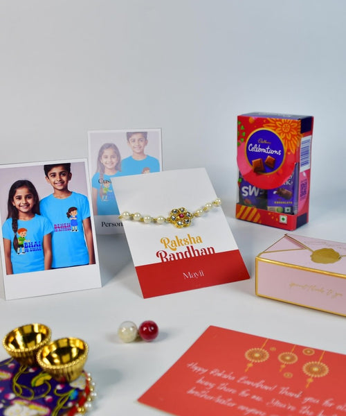 Sowpeace Exquisite Pearl Rakhi Pack of 1 with Roli Chawal Thali, Chocolates, Poloroids and Greeting card combo for Raksha Bandhan and Gifting