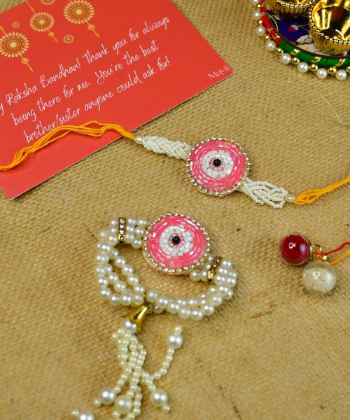 Sowpeace Exquisite Pink Circle Rakhi Pack of 1 with Roli Chawal and Greeting card combo for Raksha Bandhan and Gifting