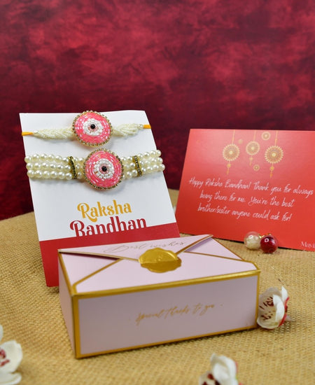Sowpeace Exquisite Pink Circle Rakhi Pack of 1 with Roli Chawal and Greeting card combo for Raksha Bandhan and Gifting