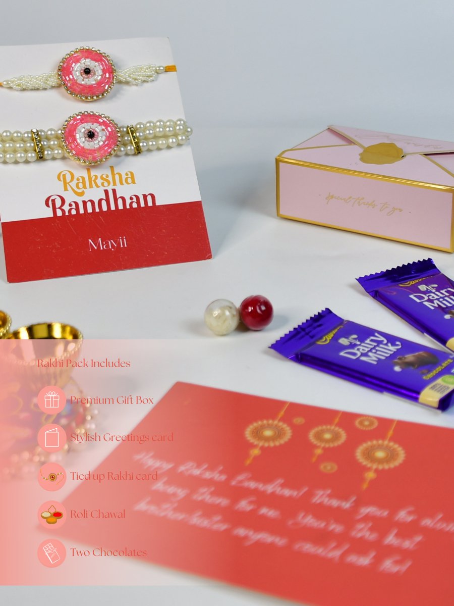 Sowpeace Exquisite Pink Circle Rakhi Pack of 1 with Roli Chawal Thali, Chocolates, and Greeting card combo for Raksha Bandhan and Gifting - Rakhi - Sowpeace - Sowpeace Exquisite Pink Circle Rakhi Pack of 1 with Roli Chawal Thali, Chocolates, and Greeting card combo for Raksha Bandhan and Gifting - RAK - PINK - HND - P3 - Sowpeace
