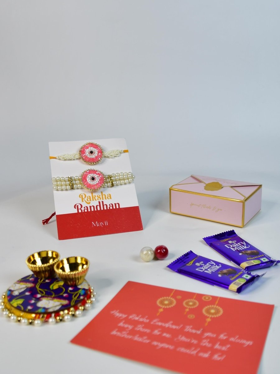 Sowpeace Exquisite Pink Circle Rakhi Pack of 1 with Roli Chawal Thali, Chocolates, and Greeting card combo for Raksha Bandhan and Gifting - Rakhi - Sowpeace - Default Title - RAK - PINK - HND - P3 - Sowpeace