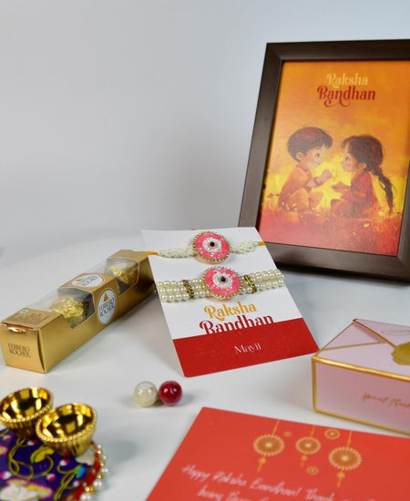 Sowpeace Exquisite Pink Circle Rakhi Pack of 1 with Roli Chawal Thali, Chocolates, Photo Frame and Greeting card combo for Raksha Bandhan and Gifting