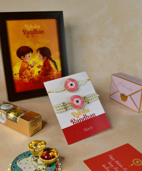 Sowpeace Exquisite Pink Circle Rakhi Pack of 1 with Roli Chawal Thali, Chocolates, Photo Frame and Greeting card combo for Raksha Bandhan and Gifting