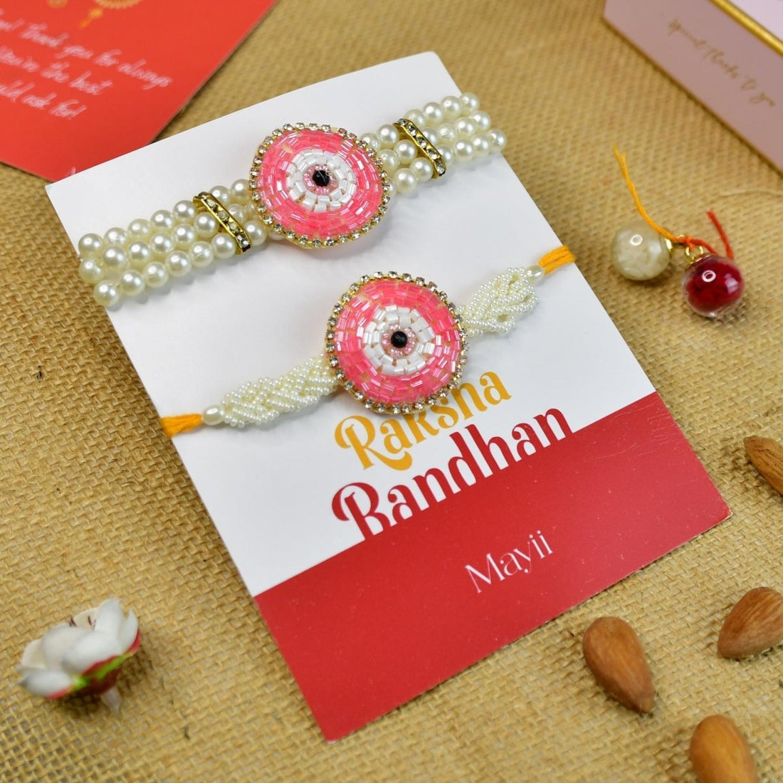 Sowpeace Exquisite Pink Circle Rakhi Pack of 2 with Roli Chawal and Greeting card combo for Raksha Bandhan and Gifting - Sowpeace - 