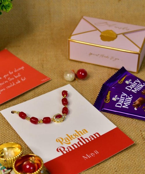 Sowpeace Exquisite Red Beads Rakhi Pack of 1 with Roli Chawal Thali, Chocolates, and Greeting card combo for Raksha Bandhan and Gifting
