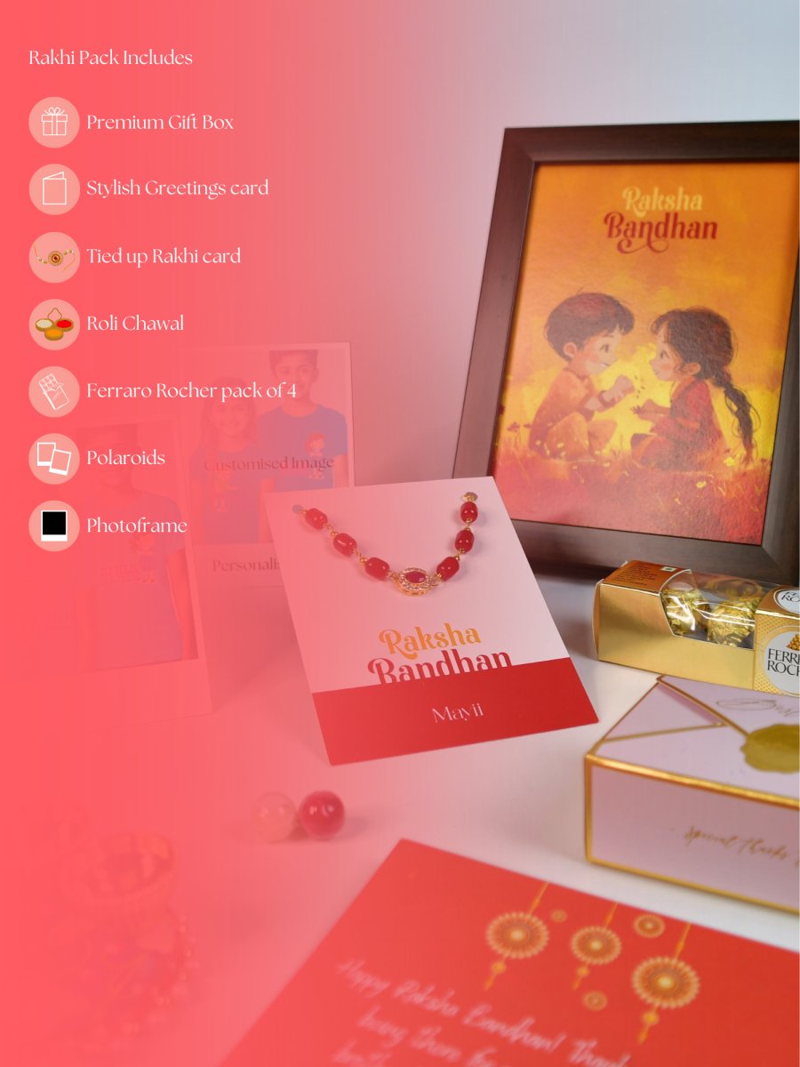 Sowpeace Exquisite Red Beads Rakhi Pack of 1 with Roli Chawal Thali, Chocolates, Photo Frame, Poloroids and Greeting card combo for Raksha Bandhan and Gifting - Rakhi - Sowpeace - Sowpeace Exquisite Red Beads Rakhi Pack of 1 with Roli Chawal Thali, Chocolates, Photo Frame, Poloroids and Greeting card combo for Raksha Bandhan and Gifting - RAK - REDBD - HND - P7 - Sowpeace