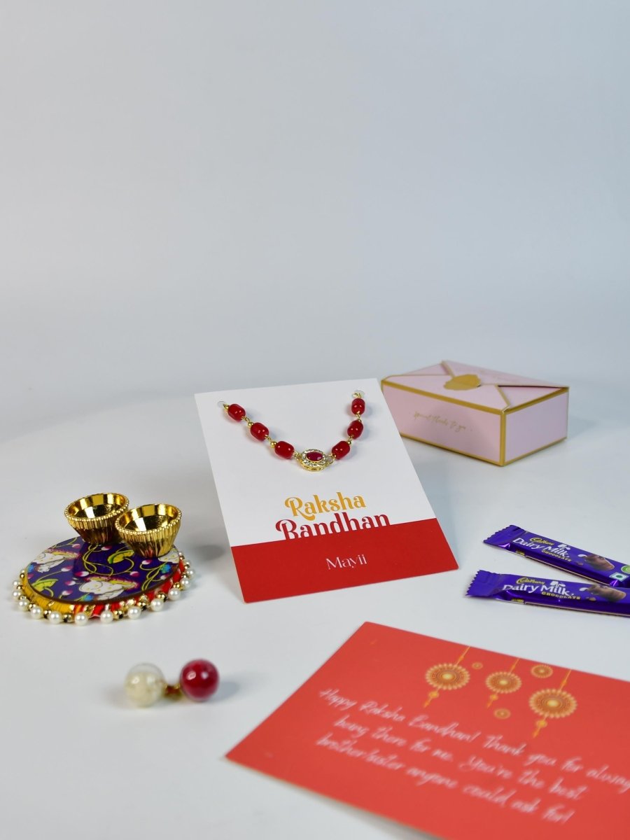 Sowpeace Exquisite Red Beads Rakhi Pack of 1 with Roli Chawal Thali, two Chocolates, and Greeting card combo for Raksha Bandhan and Gifting - Rakhi - Sowpeace - Default Title - RAK - REDBD - HND - P2 - Sowpeace
